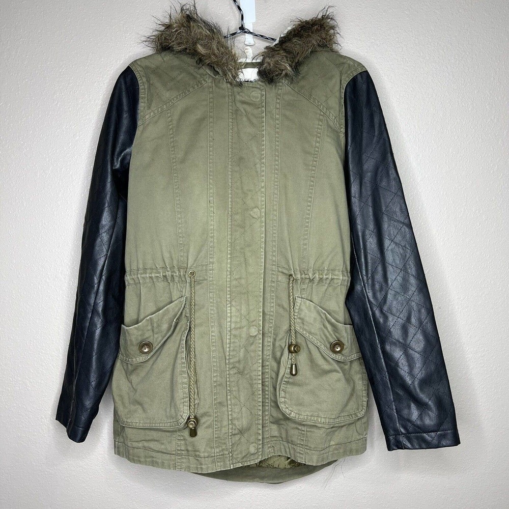 Thread & Supply Green Full Zip Faux Leather Long Sleeve Hooded Utility Jacket